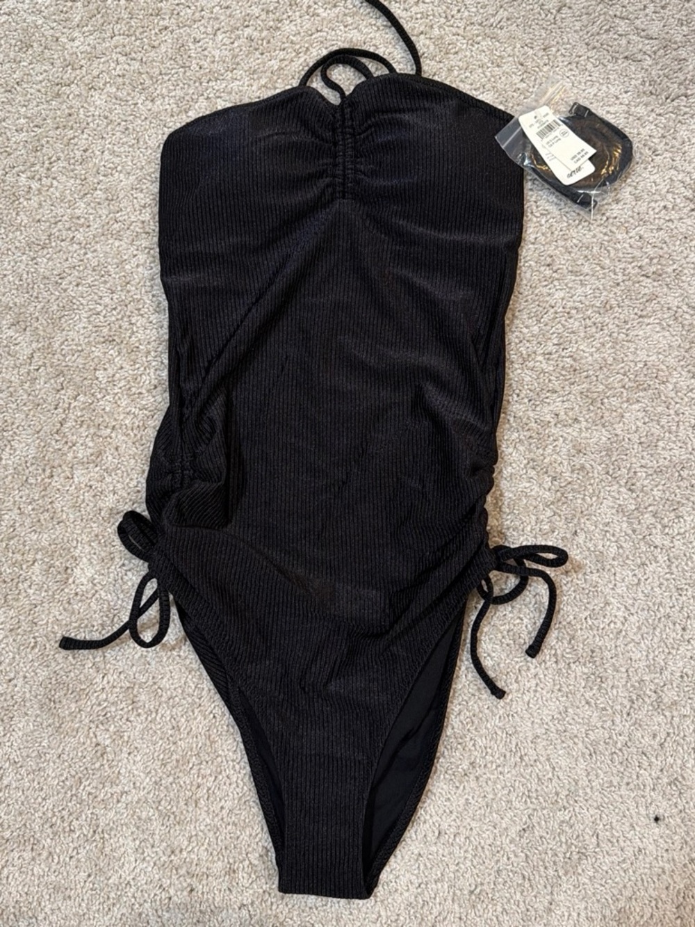 aerie Black Ribbed One-Piece Girls' Swimsuit with Side Ties